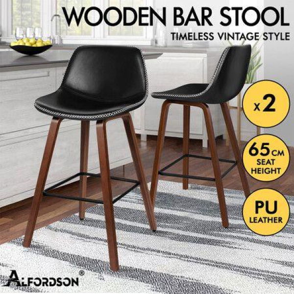 ALFORDSON 2x Wooden Bar Stools Noah Kitchen Dining Chair Vintage Retro Black