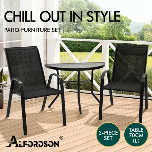 ALFORDSON 3PCS Outdoor Furniture Patio Table and Chairs Garden Bistro Set Black