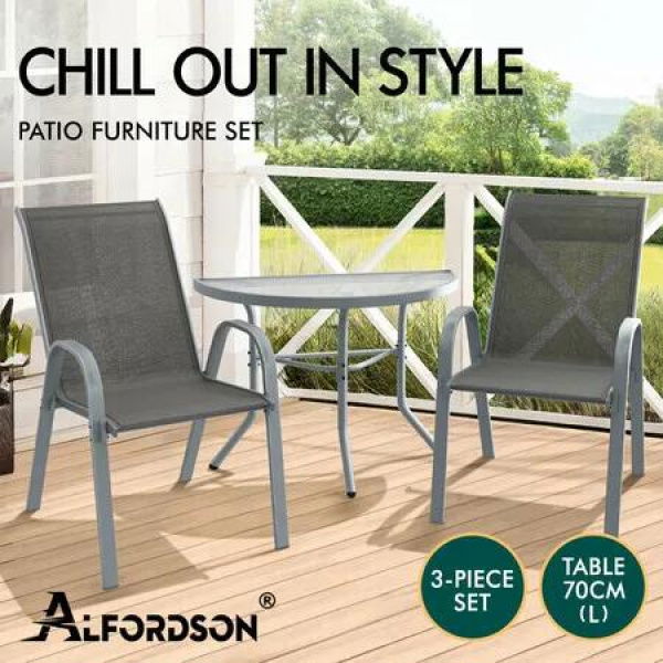 ALFORDSON 3PCS Outdoor Furniture Patio Table and Chairs Garden Bistro Set Grey