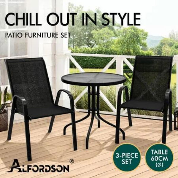 ALFORDSON 3PCS Outdoor Furniture Patio Table and Chairs Set Garden Round Black