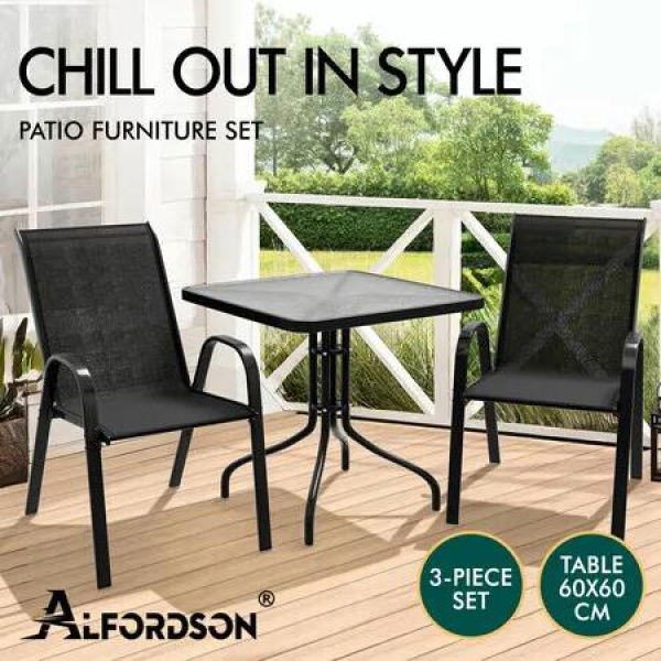 ALFORDSON 3PCS Outdoor Furniture Patio Table and Chairs Set Garden Square Black