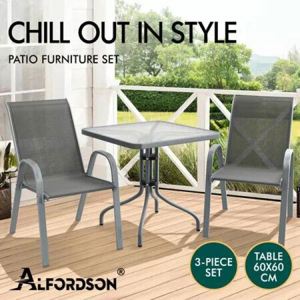 ALFORDSON 3PCS Outdoor Furniture Patio Table and Chairs Set Garden Square Grey