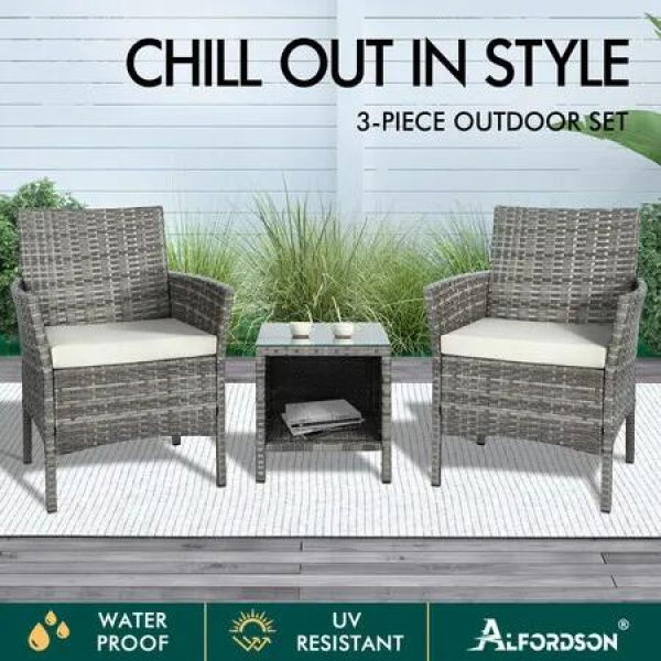 ALFORDSON 3PCS Outdoor Furniture Wicker Bistro Set Patio Sofa Table Grey