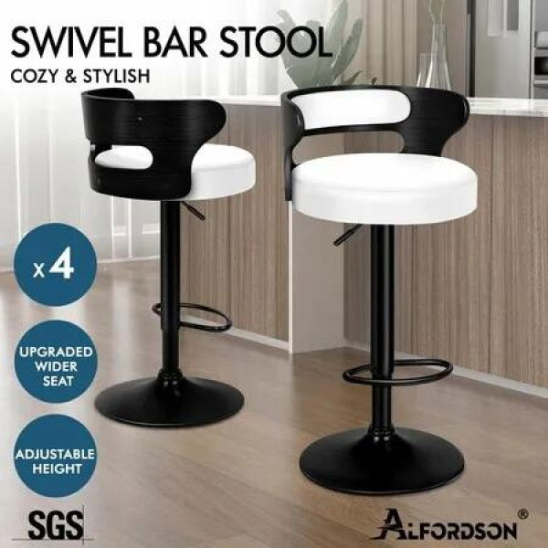 ALFORDSON 4x Bar Stool Kitchen Swivel Chair Wooden Leather Gas Lift Ramiro White