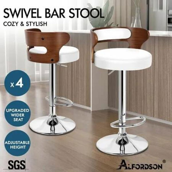 ALFORDSON 4x Bar Stool Kitchen Swivel Chair Wooden Leather Ramiro White