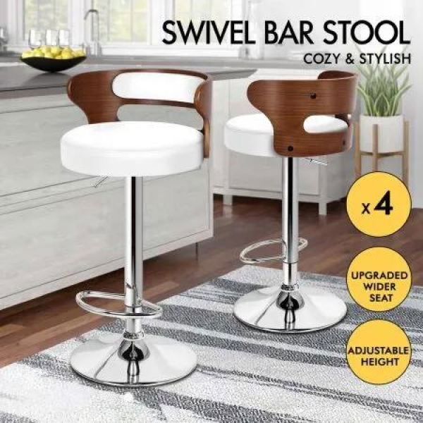 ALFORDSON 4x Bar Stool Kitchen Swivel Chair Wooden Leather Ramiro White