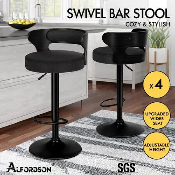 ALFORDSON 4x Bar Stool Kitchen Swivel Chair Wooden Linen Fabric Ramiro All Black