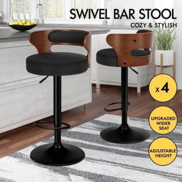 ALFORDSON 4x Bar Stool Kitchen Swivel Chair Wooden Linen Fabric Ramiro Black