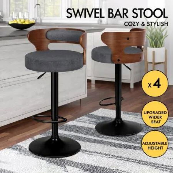 ALFORDSON 4x Bar Stool Kitchen Swivel Chair Wooden Linen Fabric Ramiro Grey