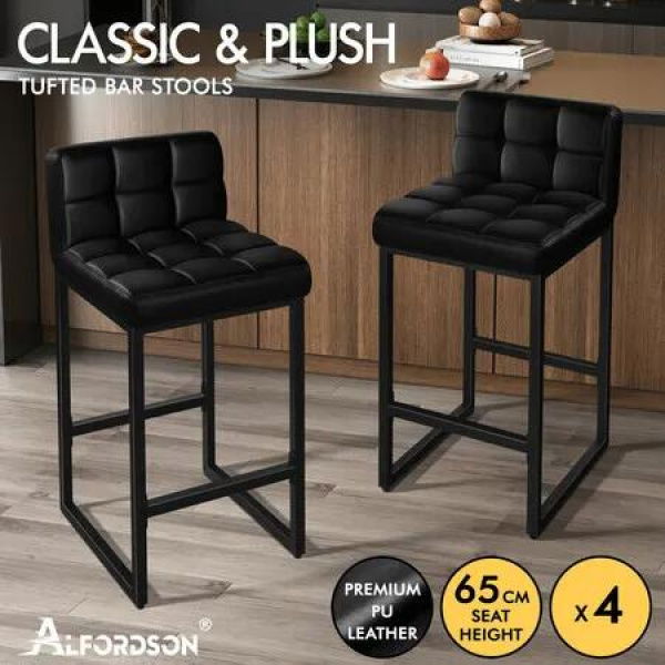 ALFORDSON 4x Bar Stools 65cm Kitchen Counter Metal Leather Dining Chairs Black