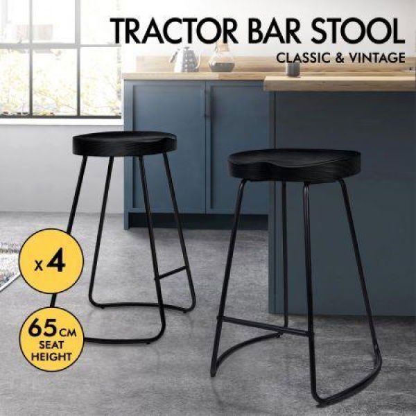 ALFORDSON 4x Bar Stools 65cm Tractor Kitchen Wooden Vintage Chair Black