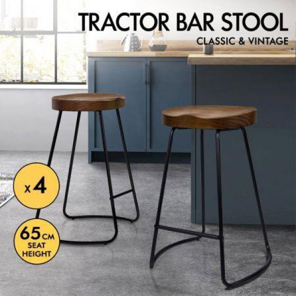 ALFORDSON 4x Bar Stools 65cm Tractor Kitchen Wooden Vintage Chair Dark