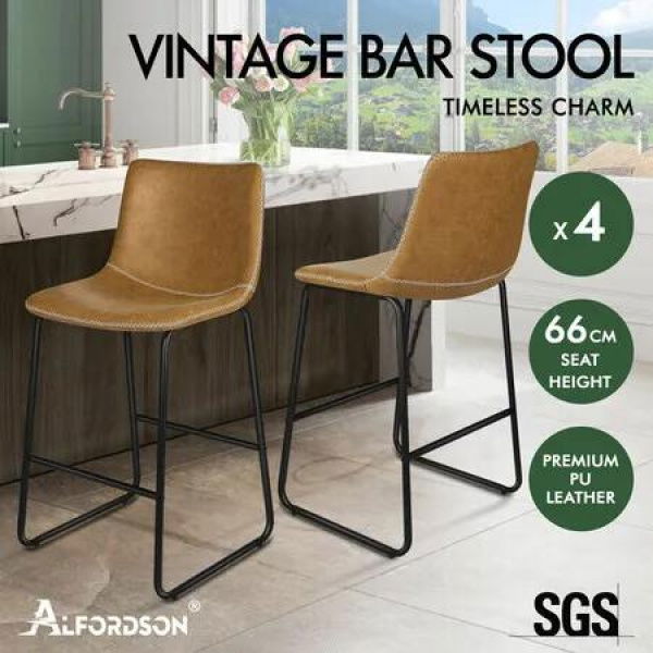 ALFORDSON 4x Bar Stools 66cm Kitchen Counter Metal Vintage Dining Chairs Brown