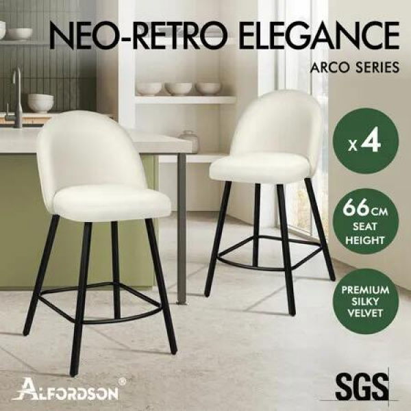 ALFORDSON 4x Bar Stools 66cm Kitchen Counter Velvet Vintage Dining Chairs White
