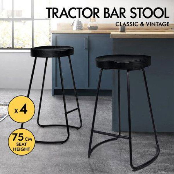 ALFORDSON 4x Bar Stools 75cm Tractor Kitchen Wooden Vintage Chair Black