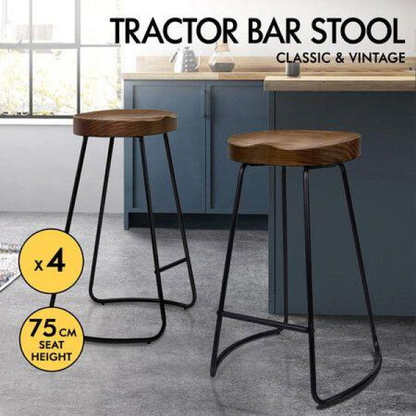 ALFORDSON 4x Bar Stools 75cm Tractor Kitchen Wooden Vintage Chair Dark