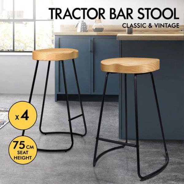 ALFORDSON 4x Bar Stools 75cm Tractor Kitchen Wooden Vintage Chair Natural