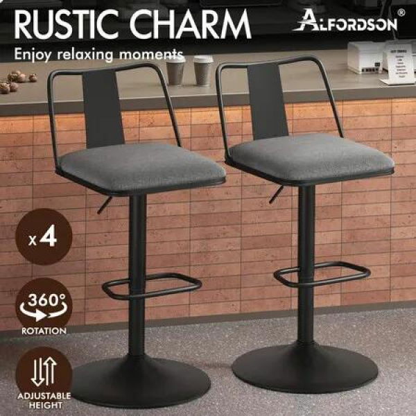 ALFORDSON 4x Bar Stools Gas Lift Fabric Bar Chairs Kitchen Swivel Gloria GREY