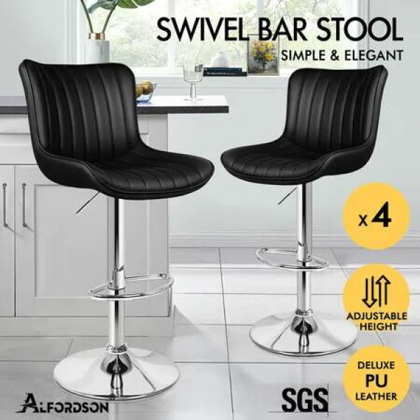 ALFORDSON 4x Bar Stools Gas Lift Leather Bar Chairs Kitchen Swivel Brad BLACK