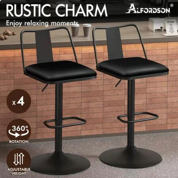 ALFORDSON 4x Bar Stools Gas Lift Leather Bar Chairs Kitchen Swivel Gloria BLACK