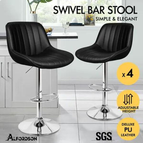 ALFORDSON 4x Bar Stools Gas Lift Leather Bar Chairs Kitchen Swivel Wendy BLACK