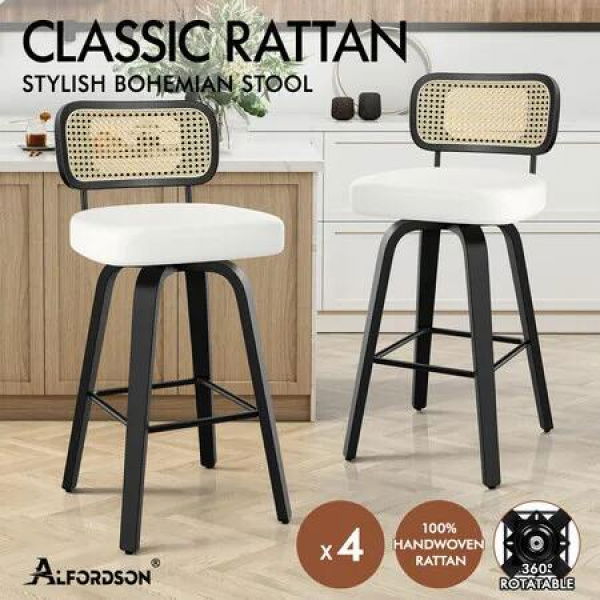 ALFORDSON 4x Bar Stools Kitchen Vintage Leather Seat Rattan Chair Black White