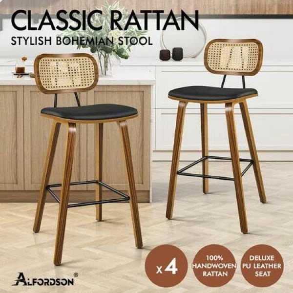 ALFORDSON 4x Bar Stools Kitchen Vintage Leather Seat Rattan Chair Wooden Black