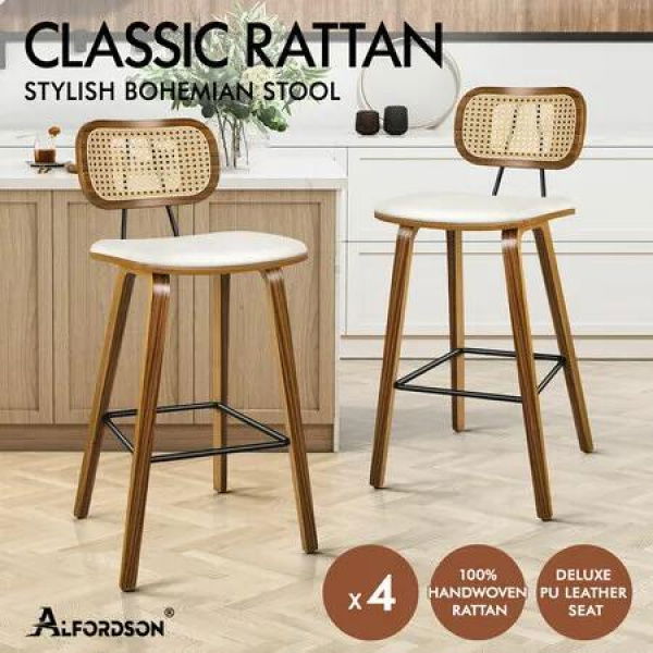 ALFORDSON 4x Bar Stools Kitchen Vintage Leather Seat Rattan Chair Wooden White
