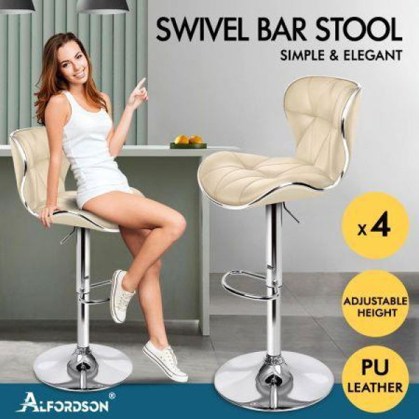 ALFORDSON 4x Bar Stools Luna Kitchen Swivel Chair Leather Gas Lift BEIGE