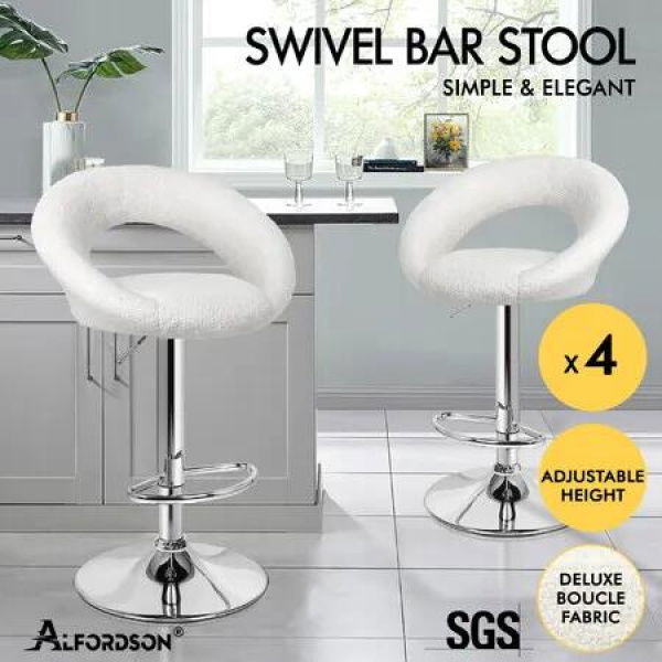 ALFORDSON 4x Bar Stools Ovadia Kitchen Swivel Chair Boucle Gas Lift White
