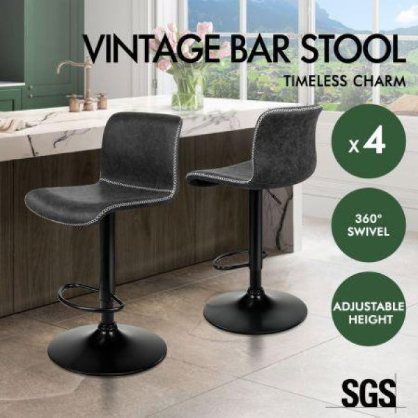 ALFORDSON 4x Bar Stools Remy Kitchen Gas Lift Swivel Chair Vintage Leather Dark Grey