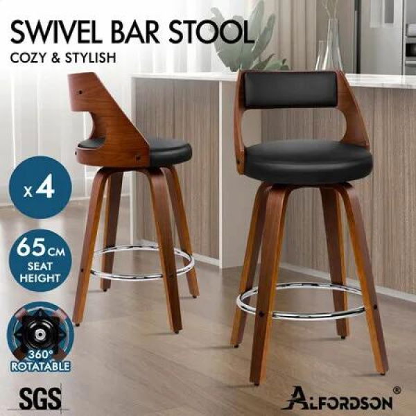 ALFORDSON 4x Bar Stools Swivel Chairs Kitchen Wooden Dining Chair Freddy BLACK