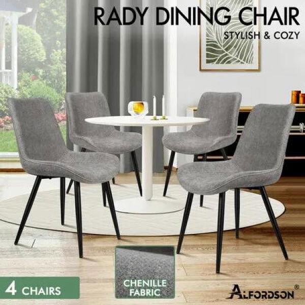 ALFORDSON 4x Dining Chair Kitchen Accent Lounge Padded Seat Metal Chenille Grey