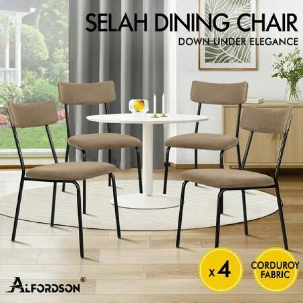 ALFORDSON 4x Dining Chairs Accent Kitchen Lounge Curved Backrest Corduroy Khaki