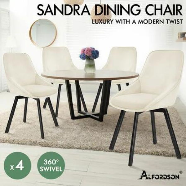 ALFORDSON 4x Dining Chairs Accent Kitchen Swivel Lounge Padded Seat Velvet Beige