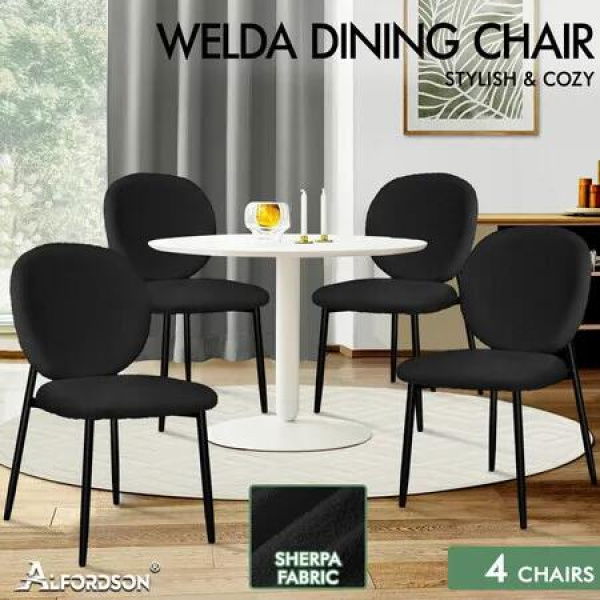 ALFORDSON 4x Dining Chairs Cafe Kitchen Lounge Curved Wooden Back Sherpa Black
