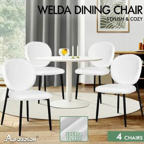 ALFORDSON 4x Dining Chairs Cafe Kitchen Lounge Curved Wooden Back Sherpa White