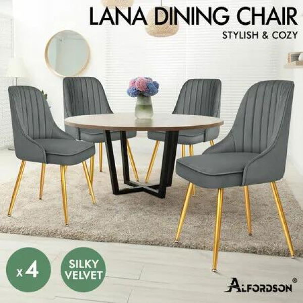 ALFORDSON 4x Dining Chairs Kitchen Accent Lounge Padded Tufted Seat Velvet Grey