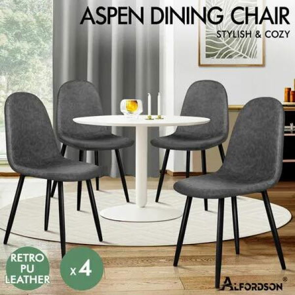 ALFORDSON 4x Dining Chairs Kitchen Lounge Cafe Seat Retro PU Faux Leather Grey