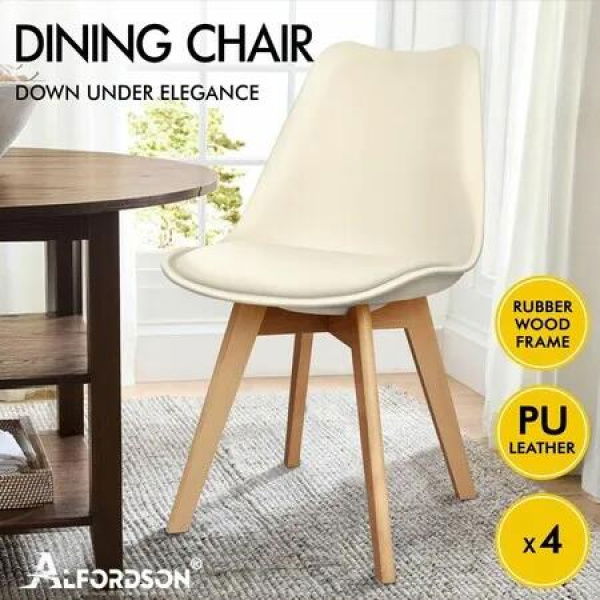 ALFORDSON 4x Dining Chairs Padding Retro PU Leather Kitchen Lounge Wooden Beige