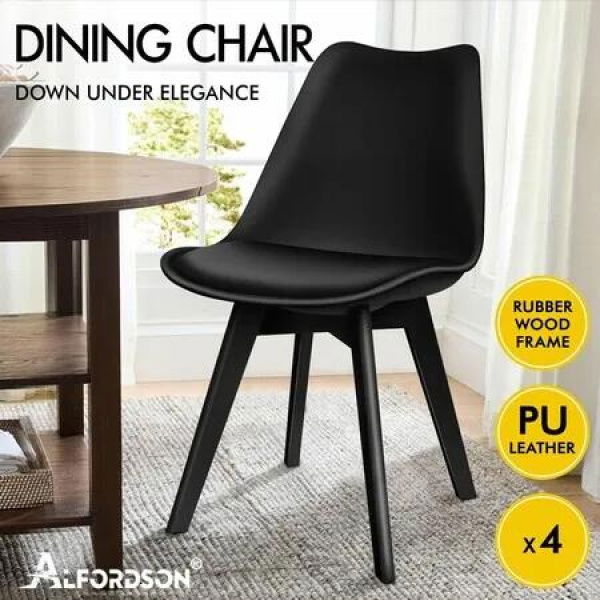 ALFORDSON 4x Dining Chairs Padding Retro PU Leather Kitchen Lounge Wooden Black