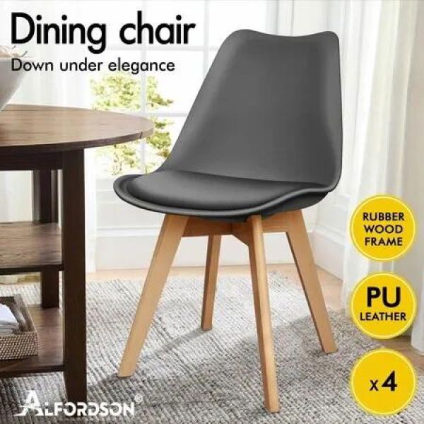 ALFORDSON 4x Dining Chairs Retro PU Leather Wooden Grey