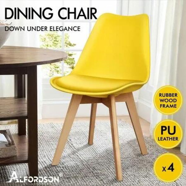 ALFORDSON 4x Dining Chairs Retro PU Leather Wooden Yellow