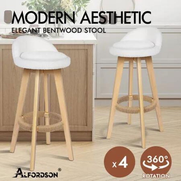 ALFORDSON 4x Kitchen Bar Stools Liam Wooden Swivel Bar Stool Chairs Boucle White