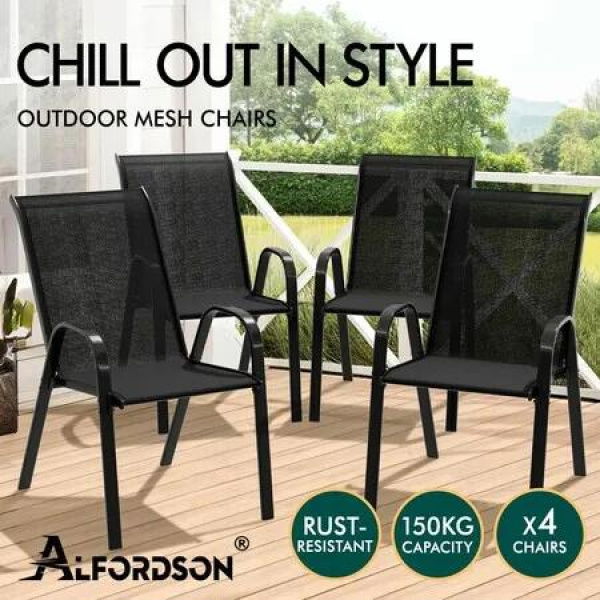 ALFORDSON 4x Outdoor Lounge Chairs Patio Dining Furniture Garden Stackable Black