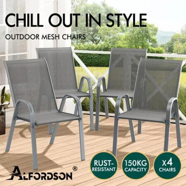 ALFORDSON 4x Outdoor Lounge Chairs Patio Dining Furniture Garden Stackable Grey