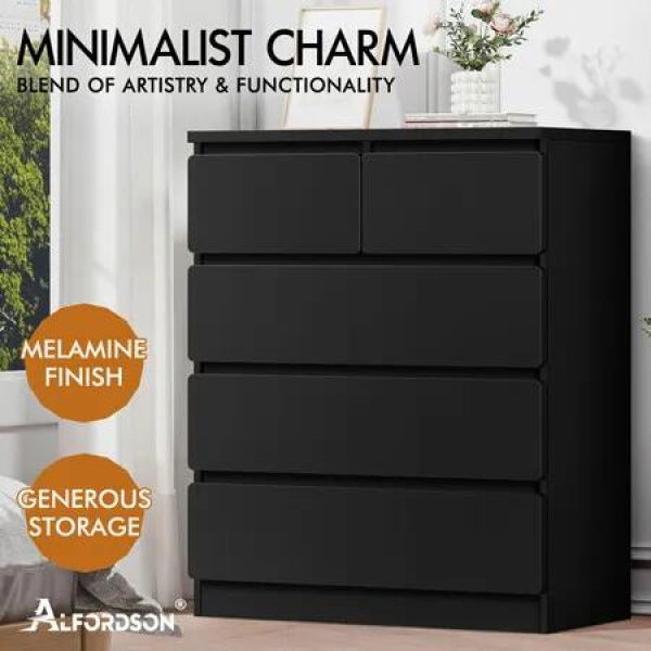 ALFORDSON 5 Chest of Drawers Minimalist Storage Cabinet Dresser Tallboy Black
