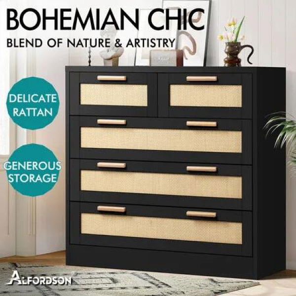 ALFORDSON 5 Chest of Drawers Storage Cabinet Rattan Dresser Tallboy Black