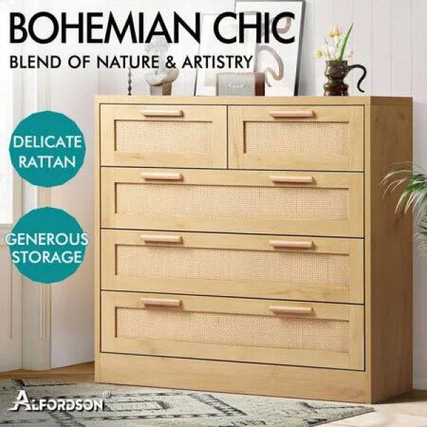 ALFORDSON 5 Chest of Drawers Storage Cabinet Rattan Dresser Tallboy Oak