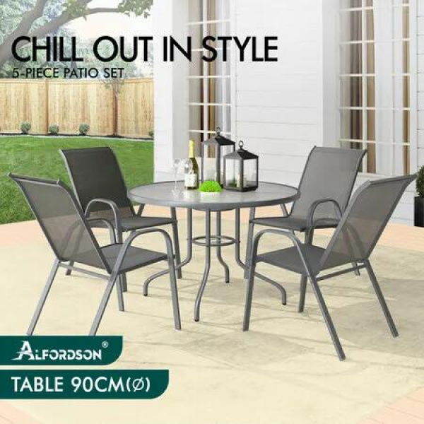 ALFORDSON 5PCS Outdoor Dining Set Round Table and Chairs 90cm Grey